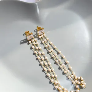 BRINCO PEDRA ZIRCONIA QUADRADA E FRANJA DE PÉROLAS 11CM