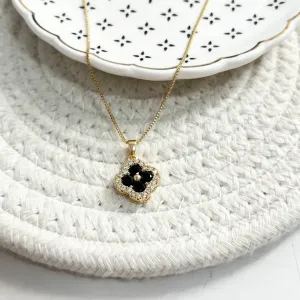 COLAR TREVO ZIRCONIAS E PEDRA PRETA