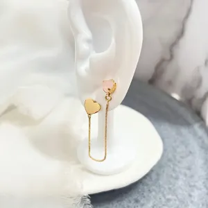 BRINCO PARA 2 FUROS CORAÇÕES PEDRA ROSA QUARTZO E CHAPA