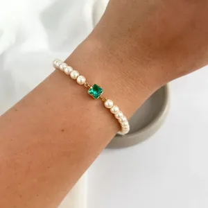 PULSEIRA PÉROLA COM PEDRA QUADRADA TURMALINA