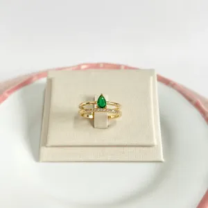 ANEL 2 AROS COM PEDRA GOTA E ZIRCONIA VERDE