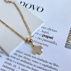 PULSEIRA GRUMET COM BERLOQUE DE CRUZ CRAVEJADA