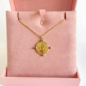 COLAR MEDALHA SÃO BENTO COM PEDRA COLORIDA