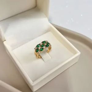 ANEL ZIRCONIAS E PEDRAS OVAIS VERDE ESMERALDA