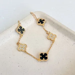 PULSEIRA TREVO MADRE PÉROLA PRETA E MICRO ZIRCONIAS