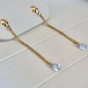 BRINCO LONGO CORRENTE ELO PORTUGUÊS E ZIRCONIA GOTA NA PONTA