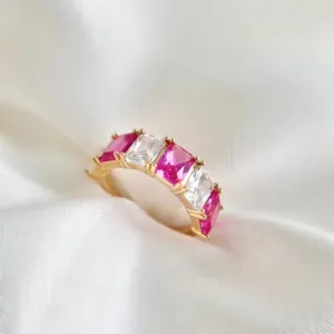 ANEL 6 PEDRAS RETÂNGULARES CRISTAL E PINK