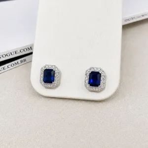 BRINCO QUADRADO ESTILO PRINCESA PEDRA AZUL SAFIRA