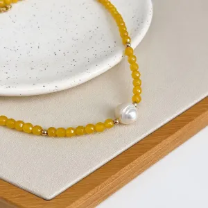 COLAR CHOKER PÉROLA NATURAL E PEDRAS NATURAIS - AMARELO