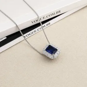 COLAR PINGENTE QUADRADO ESTILO PRINCESA PEDRA AZUL SAFIRA