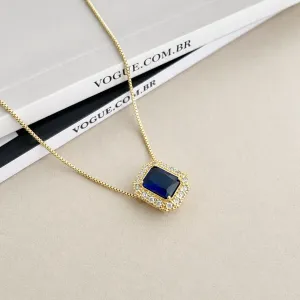 COLAR PINGENTE QUADRADO ESTILO PRINCESA PEDRA AZUL SAFIRA