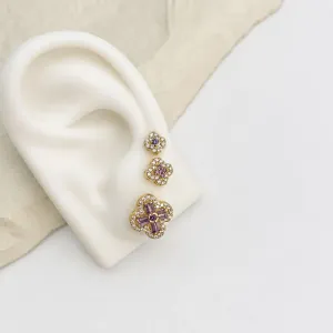 TRIO BRINCOS DE TREVO COM PEDRAS ROSA LILÁS LAVANDA