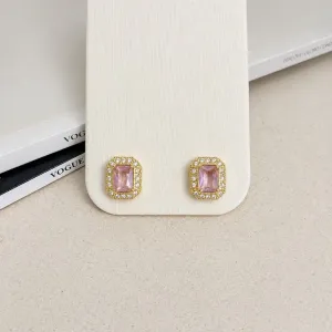 BRINCO QUADRADO ESTILO PRINCESA PEDRA ROSA