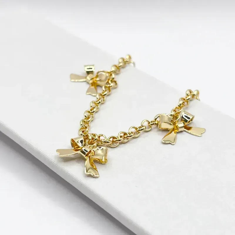 PULSEIRA ELO PORTUGUÊS COM 3 PINGENTES DE LAÇO