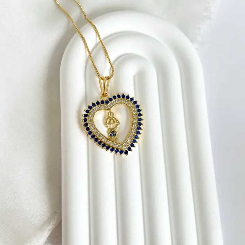 COLAR CORAÇÃO ZIRCONIA AZUL/SAFIRA COM 1 MENINO
