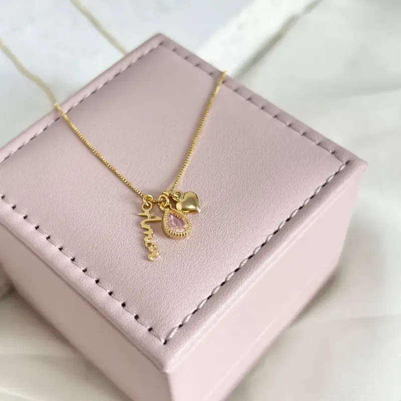 COLAR GOTA ROSINHA COM PALAVRA AMOR