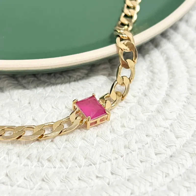 PULSEIRA ELO GRUMET COM PEDRA QUADRADA PINK FUSION