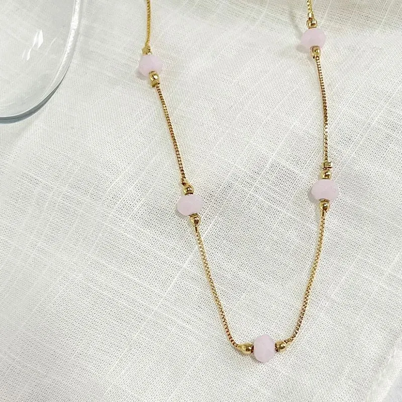 COLAR CHOKER CRISTAL QUARTZO ROSA 45CM
