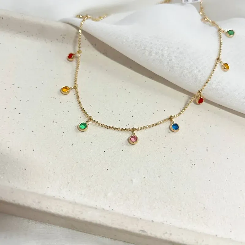 COLAR CHOKER MINI BOLINHAS COM PEDRAS COLORIDAS 42CM
