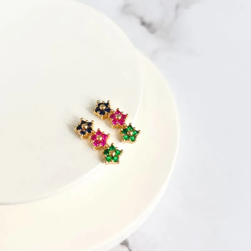 BRINCO 3 FLORES ZIRCONIA AZUL/PINK/VERDE