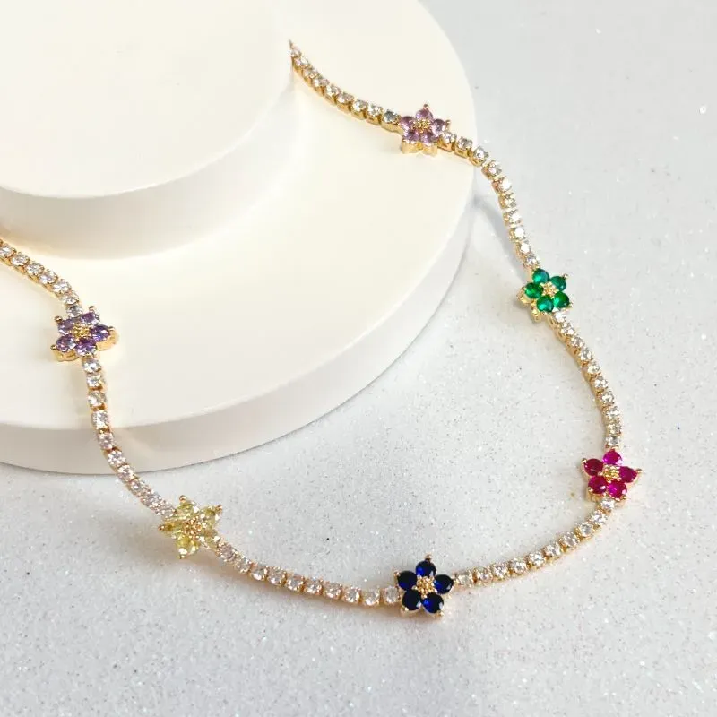 COLAR CHOKER RIVIERA COM FLORES COLORIDAS 45CM + 5CM EXTENSOR