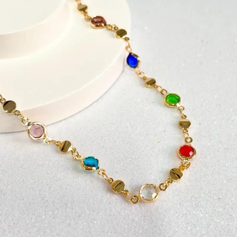 COLAR TIFFANY COLORIDO E BOLINHAS ACHATADAS DOURADAS 60CM