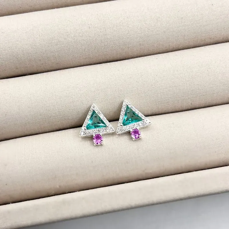 BRINCO PRATA925 TRIÂNGULO PEDRA TURMALINA E DETALHE PINK