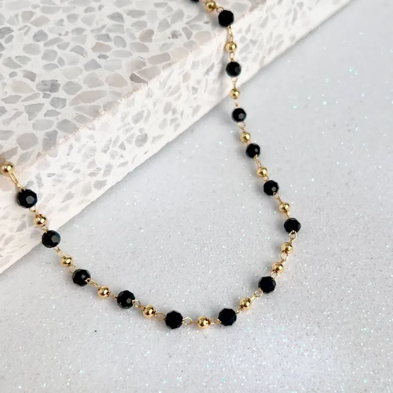 COLAR CHOKER CRISTAL PRETO E BOLINHAS 40CM