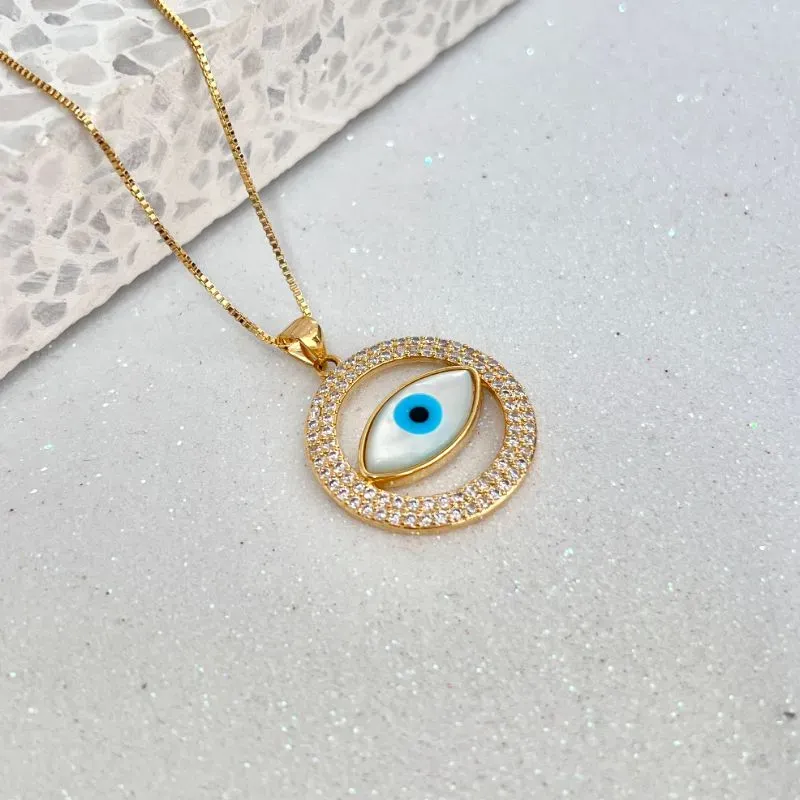 COLAR MEDALHA OLHO GREGO MADRE PÉROLA