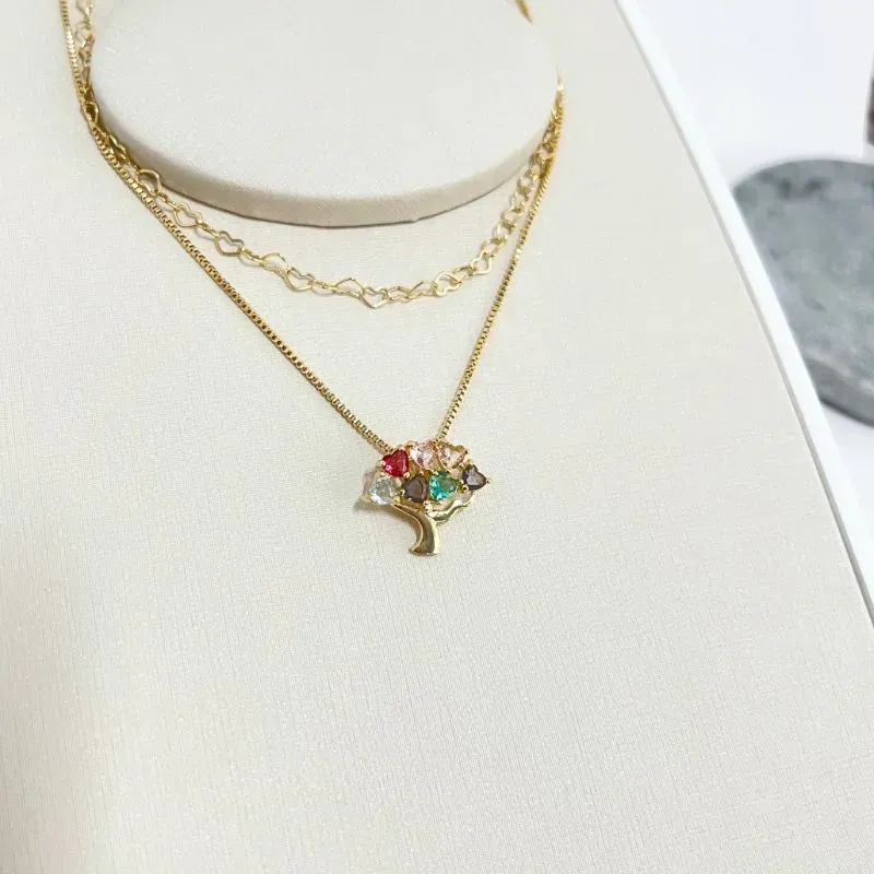 COLAR DUPLO ÁRVORE DA VIDA CORAÇÕES COLORIDA