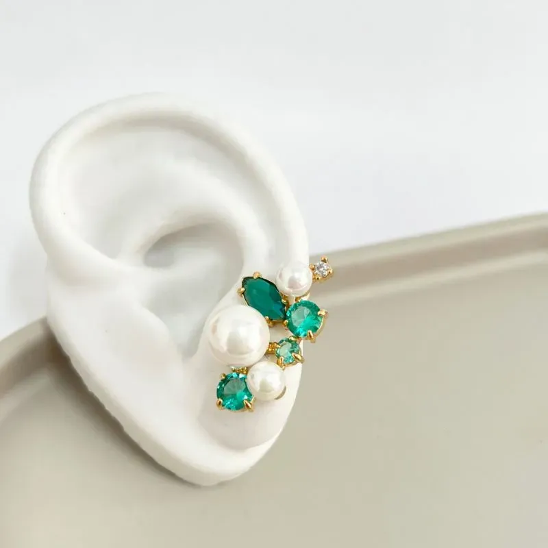 BRINCO EAR CUFF PEDRARIA TURMALINA E PÉROLAS SHELL