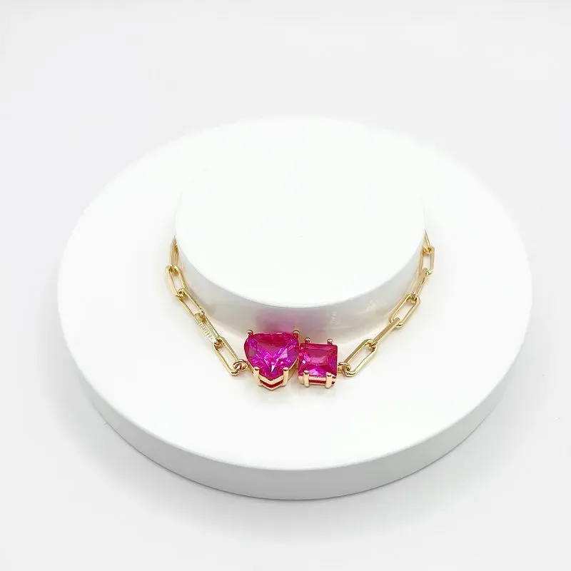 PULSEIRA ELO CARTIER COM CORAÇÃO E QUADRADO EM PEDRA PINK