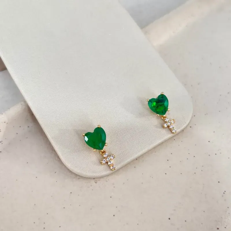 BRINCO CORAÇÃO FUSION VERDE ESMERALDA COM PINGENTE DE CRUZ