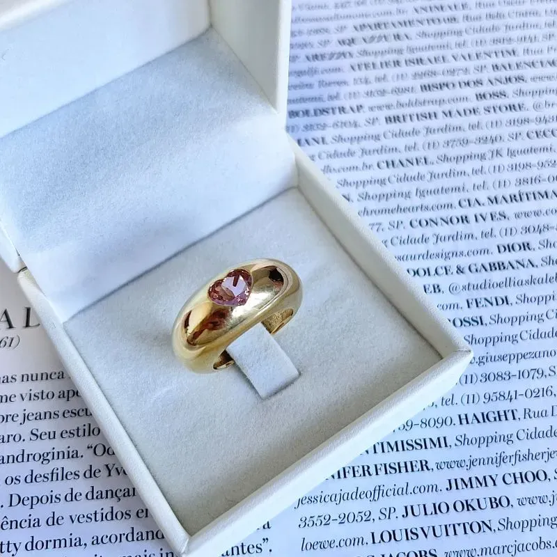 ANEL LARGO COM PEDRA CORAÇÃO ROSA