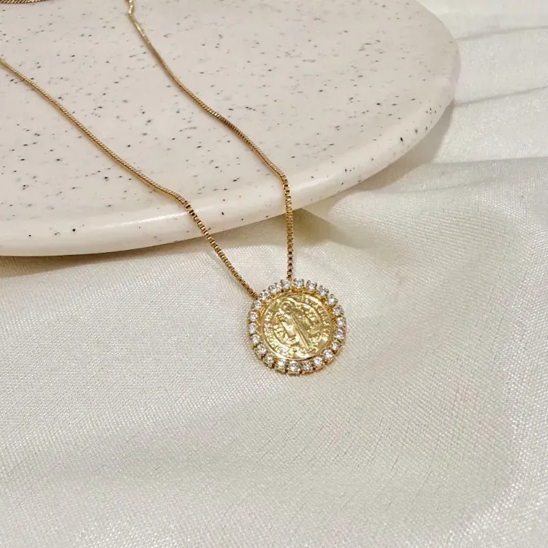 COLAR MEDALHA SÃO BENTO COM ZIRCONIAS 1,5CM