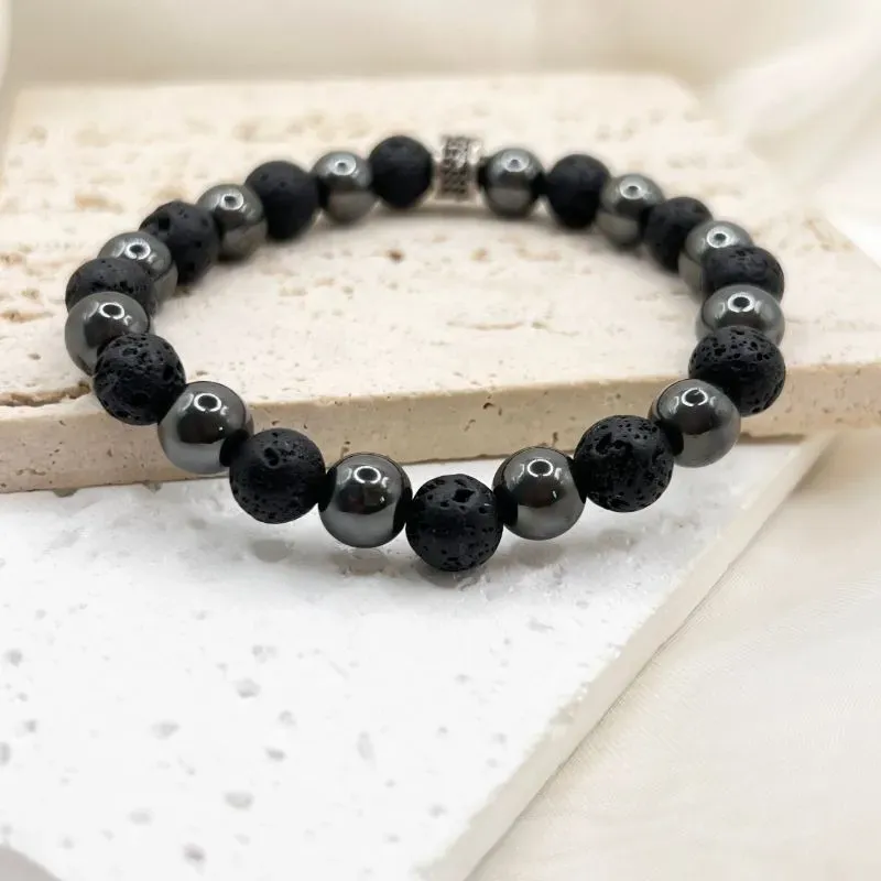 PULSEIRA MASCULINA COM PEDRA HEMATITA E PEDRA VULCÂNICA