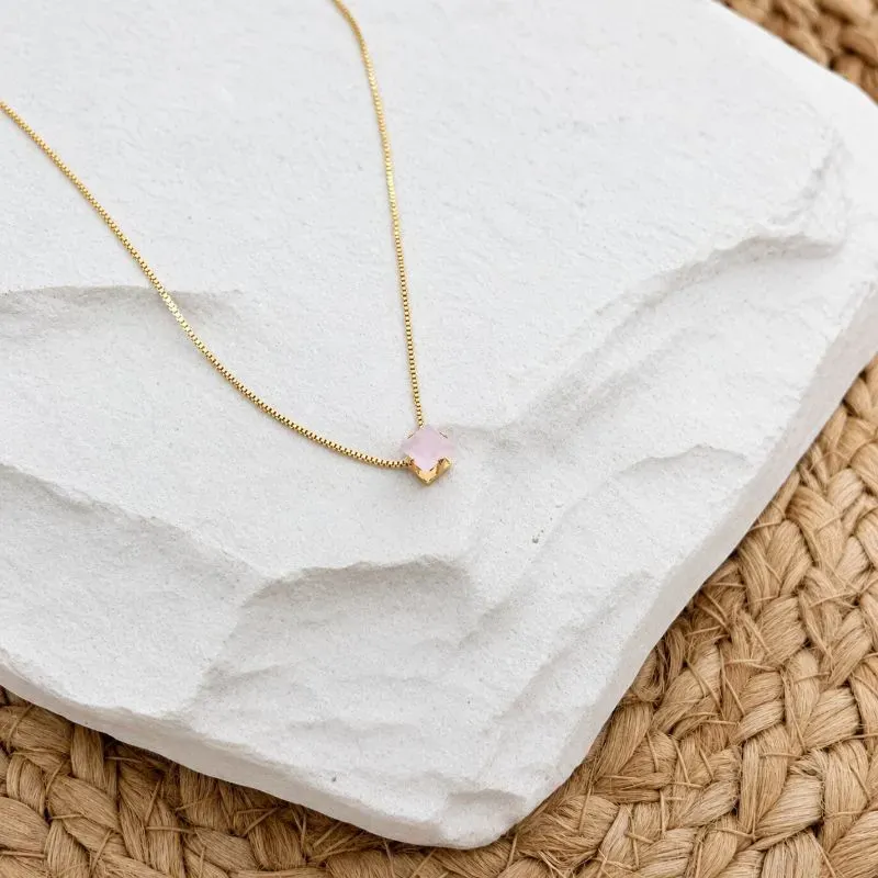 COLAR PONTO DE LUZ QUADRADO ROSA QUARTZO 5MM