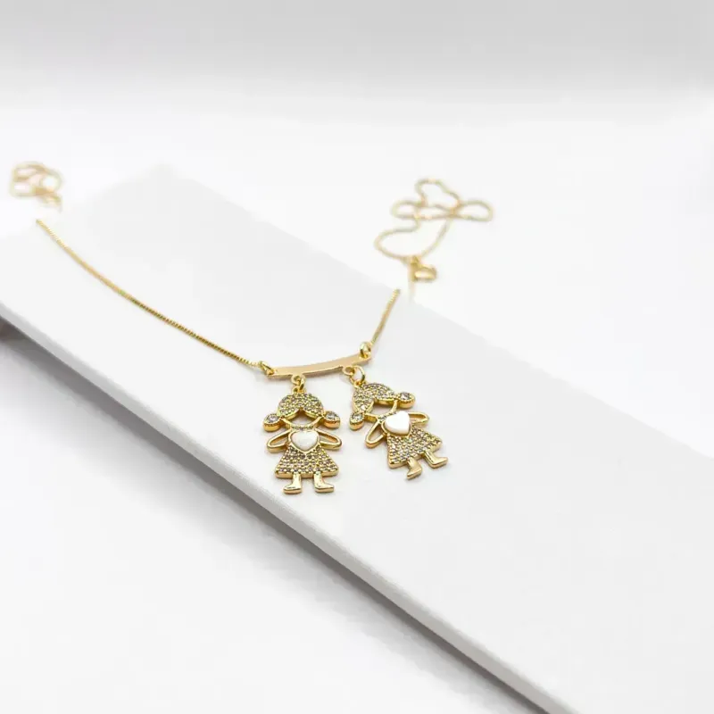 COLAR CANGA 2 FILHOS CRAVEJADOS  COM CORAÇÃO DE MADRE PÉROLA - 2 MENINAS COLAR CANGA 2 FILHOS CRAVEJADOS  COM CORAÇÃO DE MADRE PÉROLA - 2 MENINAS