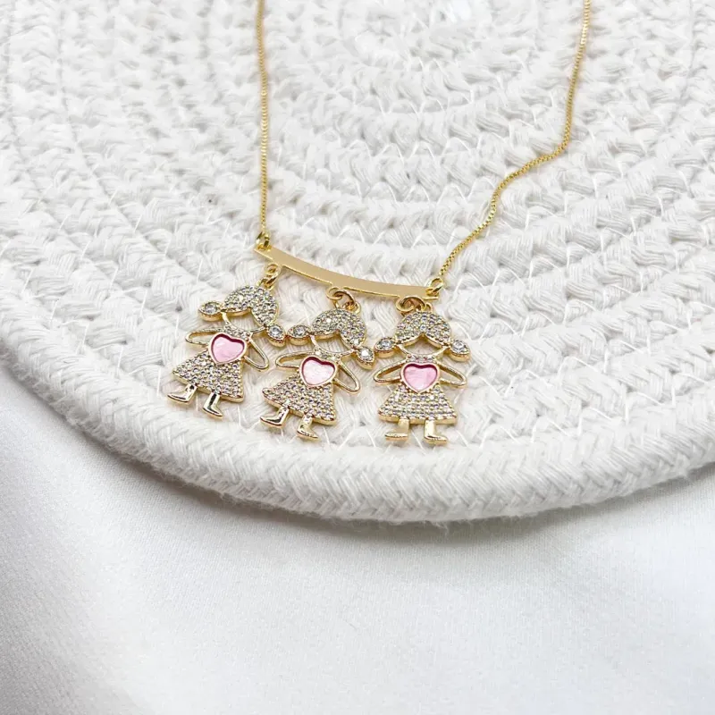 COLAR CANGA 3 FILHOS CRAVEJADOS  COM CORAÇÃO PEROLADOS - 3 MENINAS COLAR CANGA 3 FILHOS CRAVEJADOS  COM CORAÇÃO PEROLADOS - 3 MENINAS