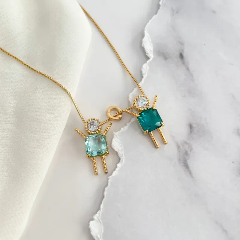 COLAR 2 MENINOS PEDRA ACQUA E TURMALINA COM ZIRCONIA NA CABEÇA COLAR 2 MENINOS PEDRA ACQUA E TURMALINA COM ZIRCONIA NA CABEÇA