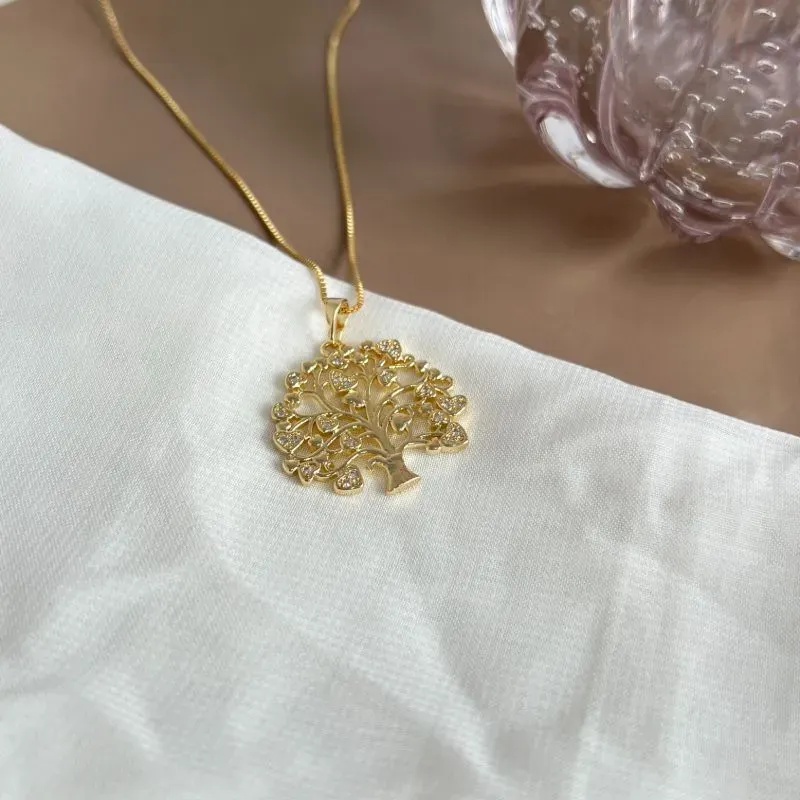 COLAR ÁRVORE DA VIDA FOLHAS DE CORAÇÃO CRAVEJADO COLAR ÁRVORE DA VIDA FOLHAS DE CORAÇÃO CRAVEJADO