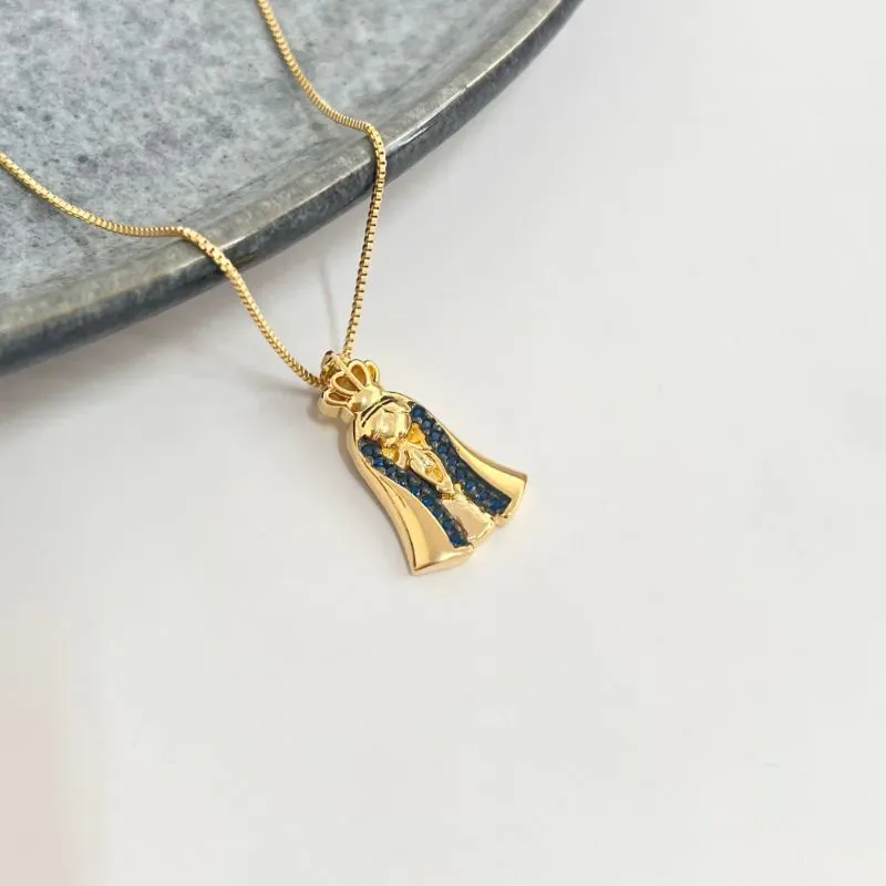 COLAR NOSSA SENHORA COM COROA E ZIRCONIAS SAFIRA COLAR NOSSA SENHORA COM COROA E ZIRCONIAS SAFIRA