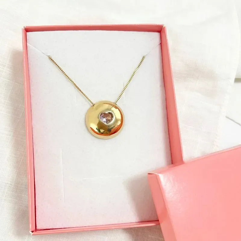 COLAR MEIA BOLA COM CORAÇÃO DE ZIRCONIA ROSA COLAR MEIA BOLA COM CORAÇÃO DE ZIRCONIA ROSA