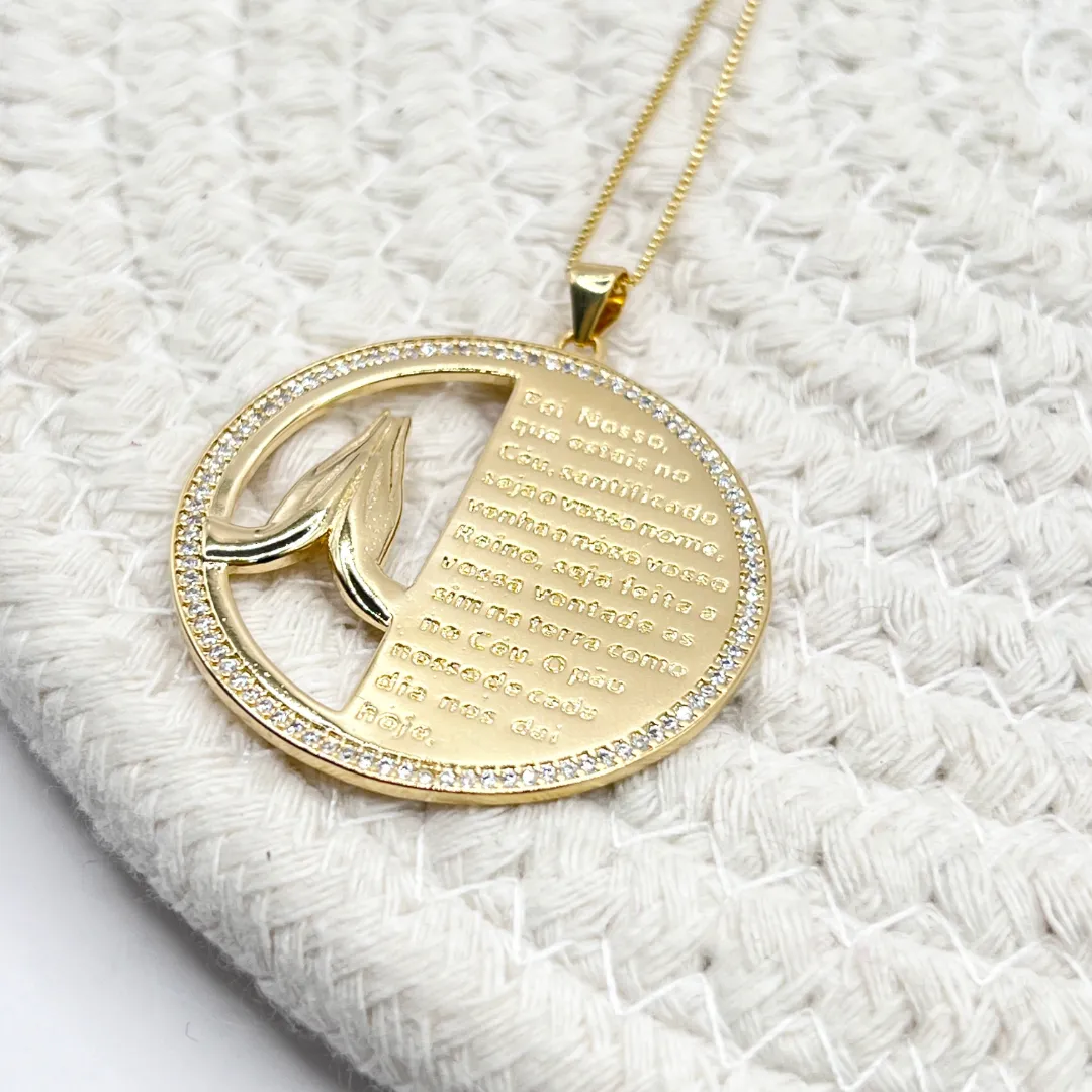 COLAR MEDALHA ORAÇÃO PAI NOSSO COM MICRO ZIRCONIAS