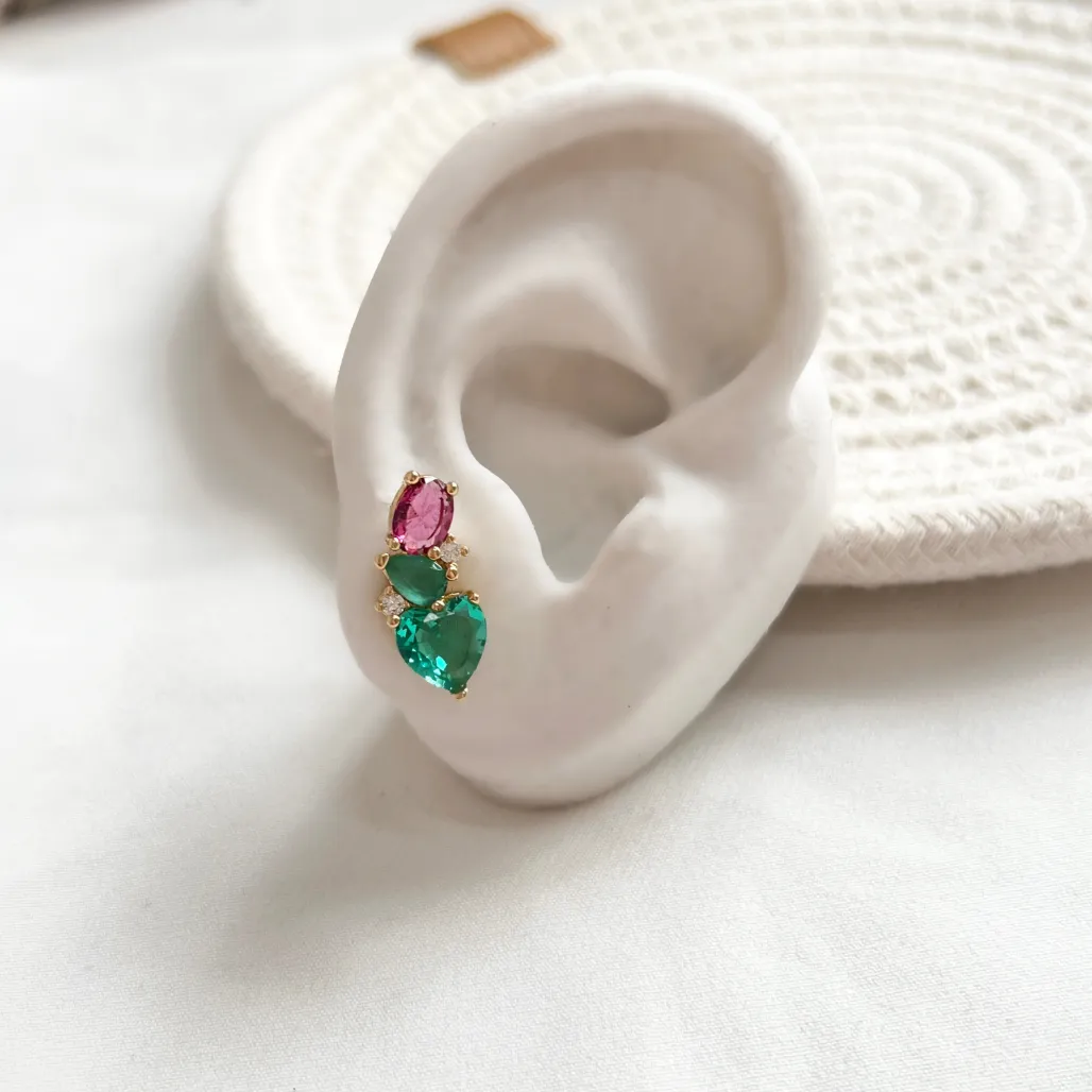 BRINCO EAR CUFF PEDRA CORAÇÃO, GOTA E OVAL
