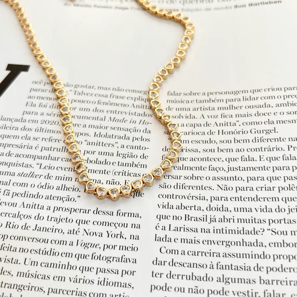 COLAR RIVIERA CORAÇÕES CRAVAÇÃO INGLESA 45CM FECHO JOIA