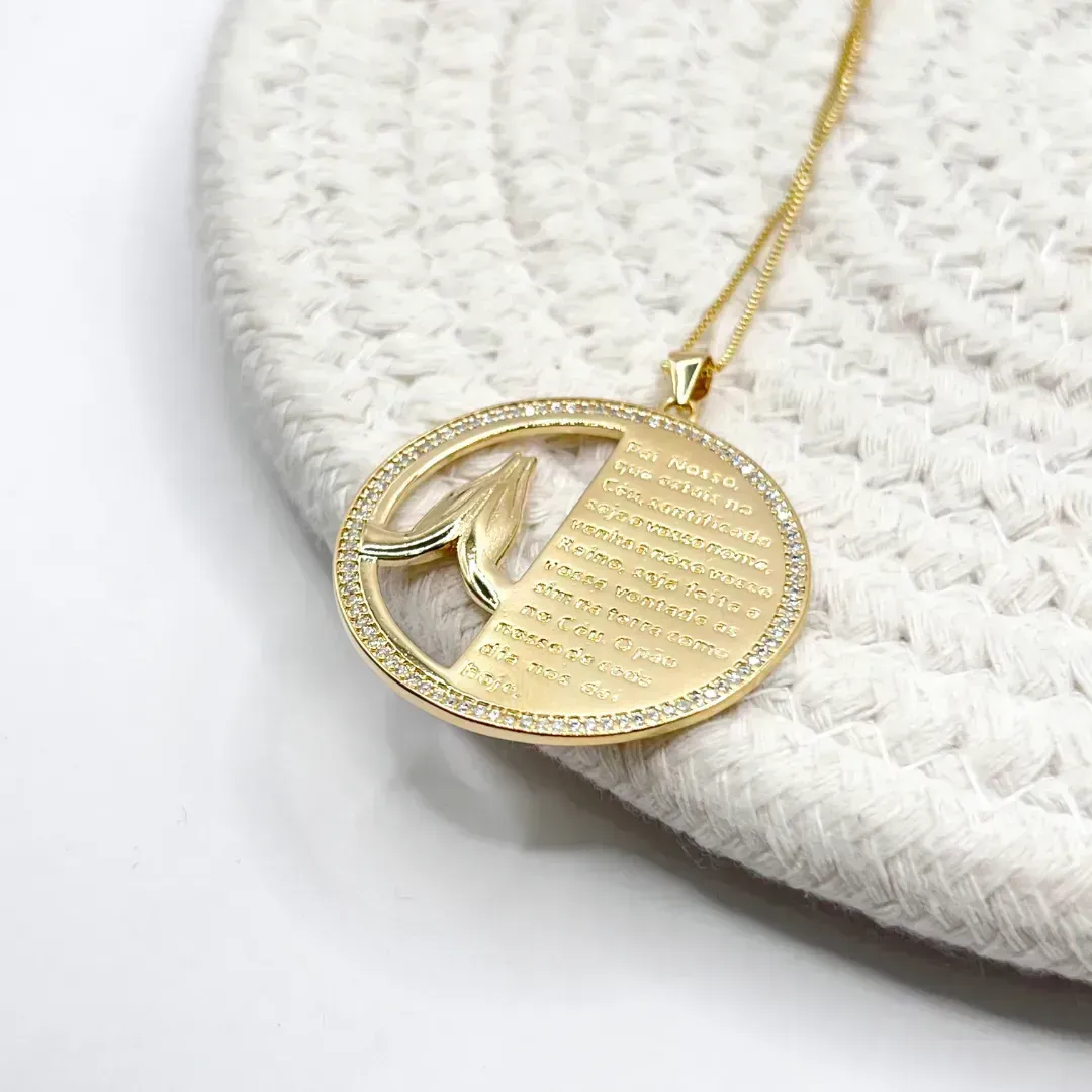 COLAR MEDALHA ORAÇÃO PAI NOSSO COM MICRO ZIRCONIAS