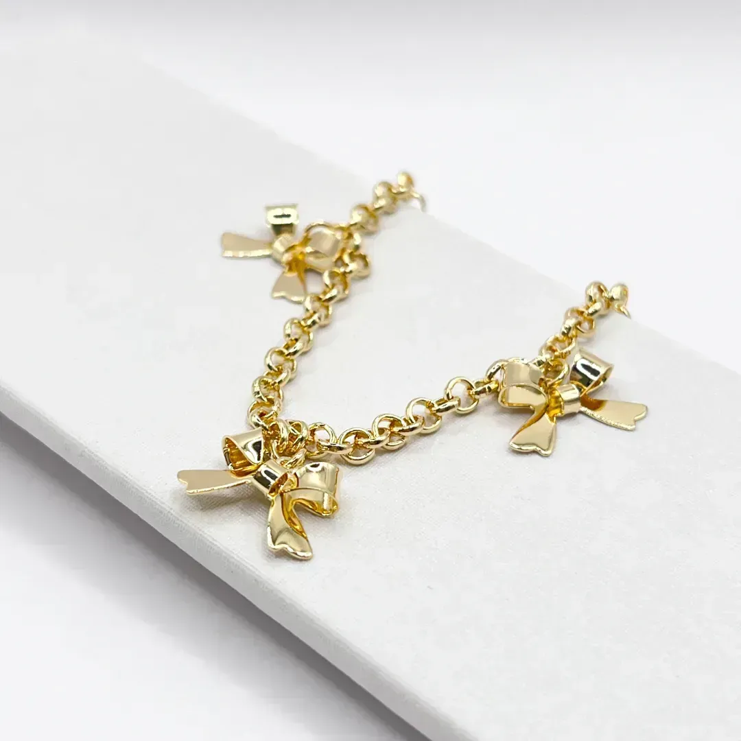 PULSEIRA ELO PORTUGUÊS COM 3 PINGENTES DE LAÇO