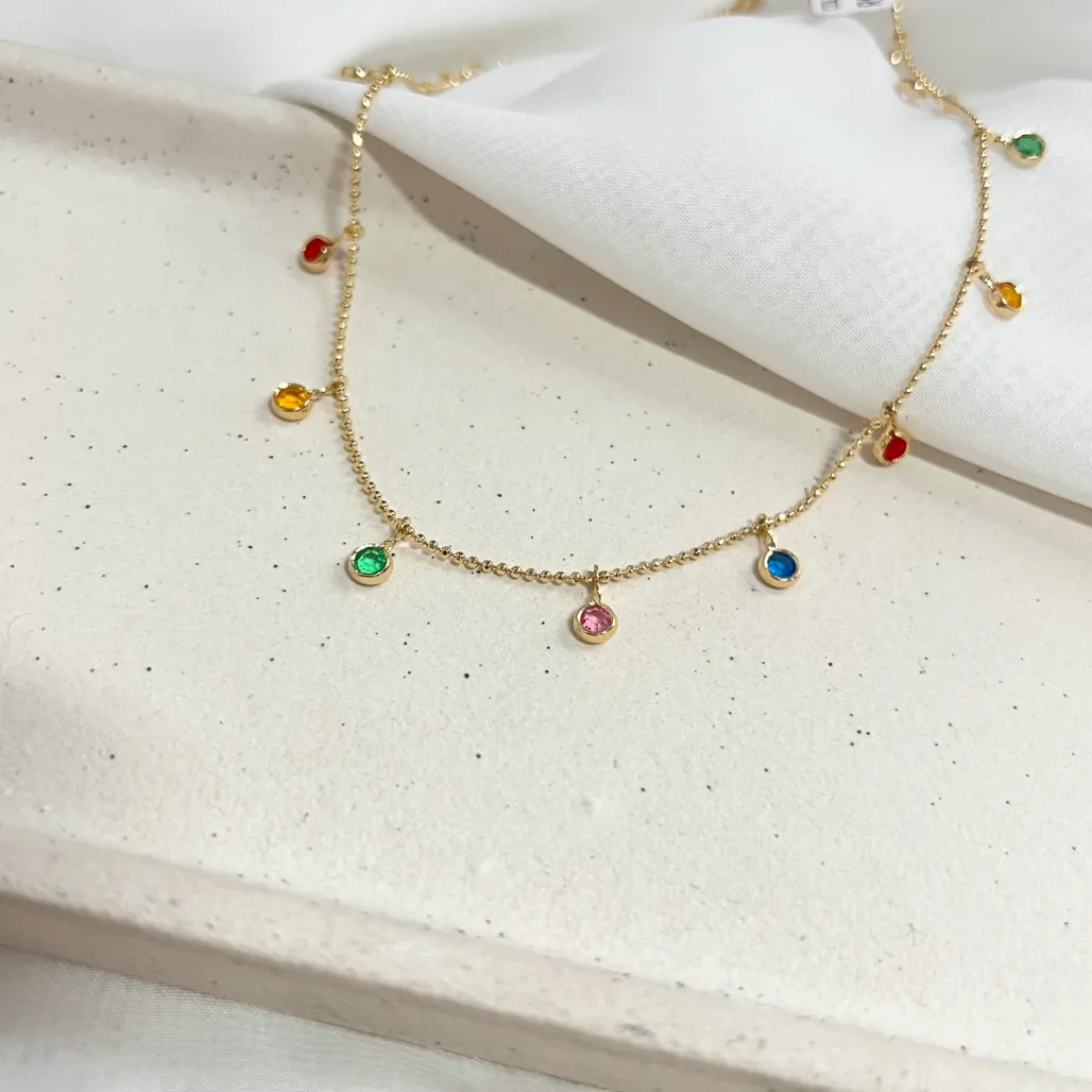 COLAR CHOKER MINI BOLINHAS COM PEDRAS COLORIDAS 42CM