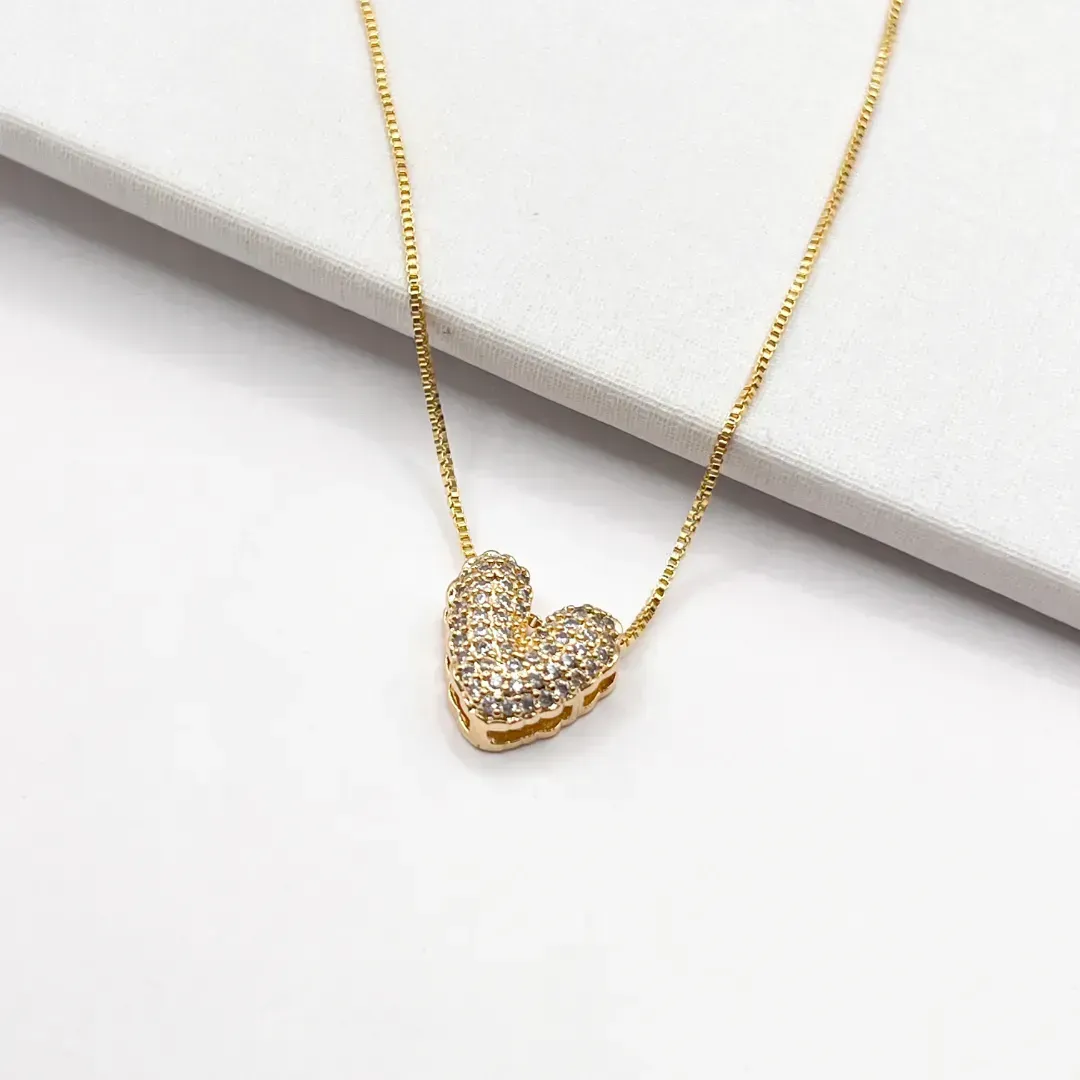 COLAR CORAÇÃO 1CM LONGO CRAVEJADO EM MICRO ZIRCONIAS